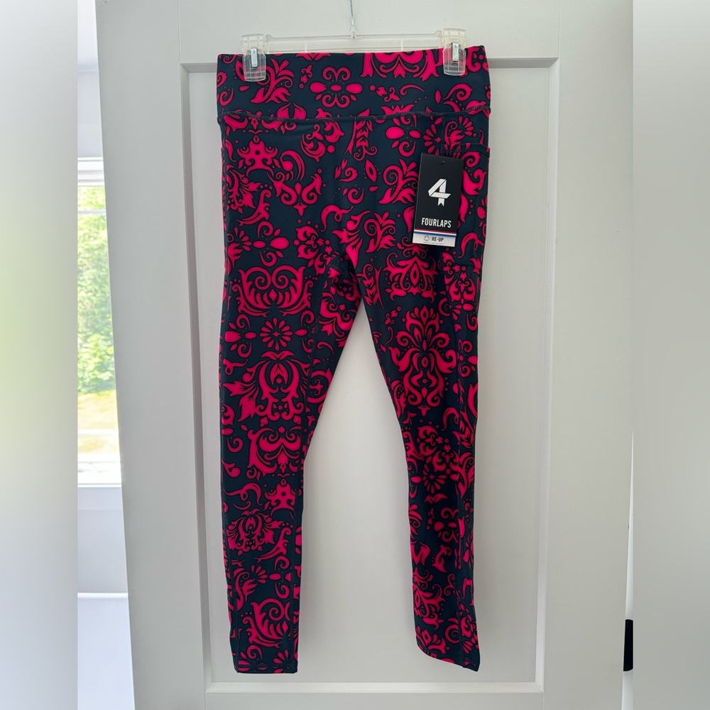 Four laps medium NWT Plyo legging-Festival Fuchsia/Deep teal velvet wallpaper